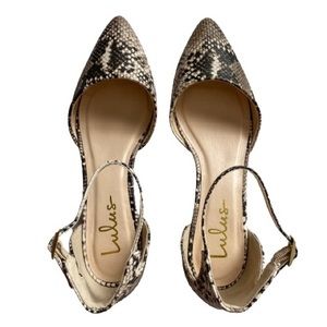 Lulu’s Lucinda Beige Brown Snake Embossed Ankle Strap D’Orsay Pointed Toe Pumps